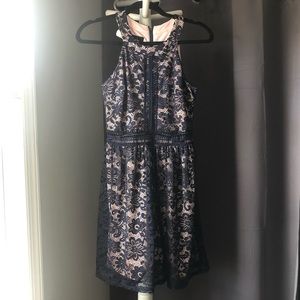 Navy blue and pink dress.